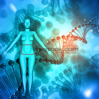 3D Medical background with female figure on DNA strands