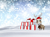 3D reindeer and gifts in snowy landscape