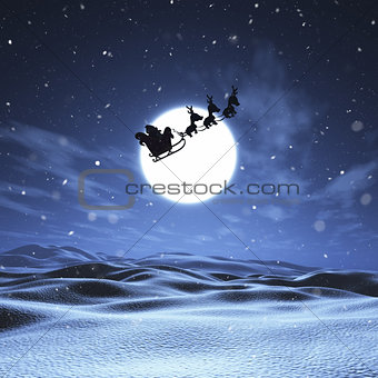 3D Santa and sleigh flying through a night sky