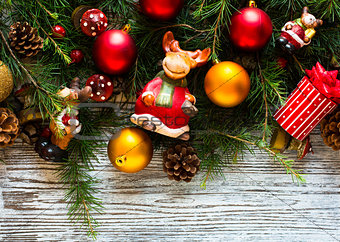 Merry Christmas Frame with real wood and colorful baubles