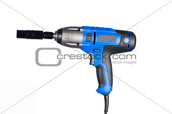 Blue impact gun with socket side view isolated on white