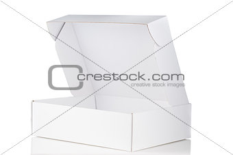White cardboard box open 3/4 view isolated on white