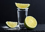Tequila silver shot with lime slices and salt on stone board