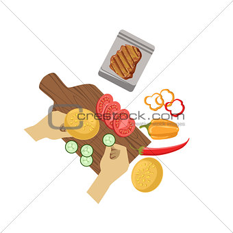 Child Cooking Burger Illustration With Only Hands Visible From Above
