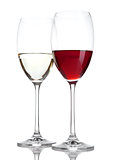 Glass of red and white wine with reflection 