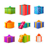 Set of different colourful bright gift boxes with tapes and bows