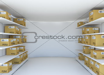 White room with steel shelves and cardboard boxes