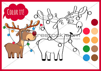 Coloring book page with cartoon christmas deer and bright garland, new year drawing. Sketch and color version. Funny animals for kids education