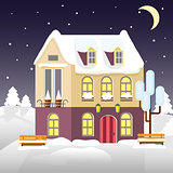 Christmas house on a background of winter night. Flat style. Little cottage. Merry  card.