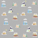 Seamless pattern with decorative colorful houses in winter time. Christmas and New Year holidays City endless background.