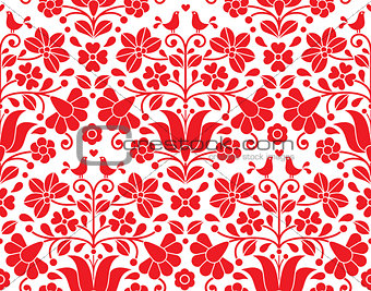 Kalocsai red floral emrboidery seamless pattern - Hungarian folk art background
