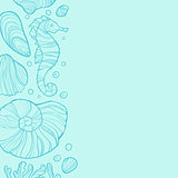 Background with seashells, rocks, seahorse and place for text.