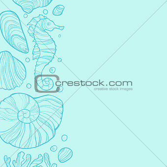 Background with seashells, rocks, seahorse and place for text.