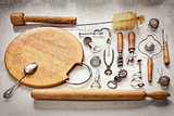 Old pieces of kitchen utensils on a table