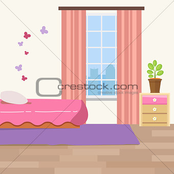 Nursery room with white furniture. Baby pink stripe interior. Girl room design with bed, crib mobile, chest of drawers and toy bin.