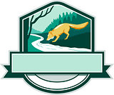 Fox Drinking River Creek Woods Crest Woodcut