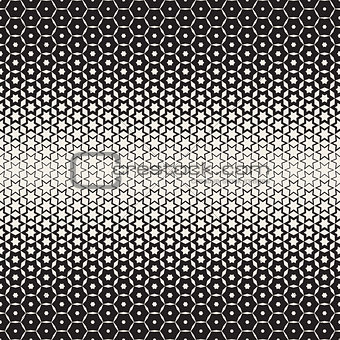 Hexagon Star Shapes Blend Halftone Lattice. Vector Seamless Black and White Pattern.