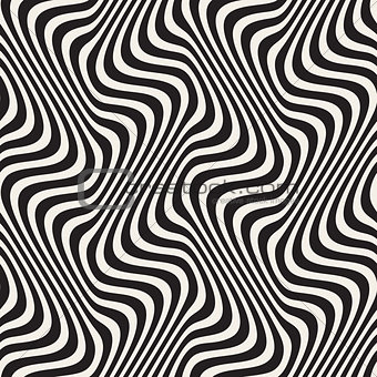 Wavy Lines Optical Illusion. Vector Seamless Black and White Pattern.