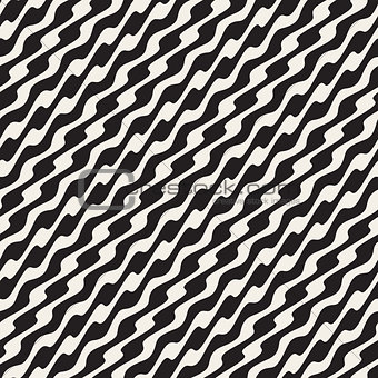 Wavy Diagonal Lines. Vector Seamless Black and White Pattern.