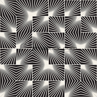 Vector Seamless Black And White Square Line Rays Irregular Geometric Pattern