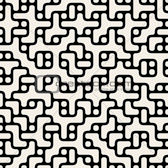 Vector Seamless Black  White Rounded Maze Lines Circles and Blocks Pattern