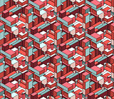 Vector Seamless Isometric Blocks Cubic City Composition Pattern in Pink and Blue