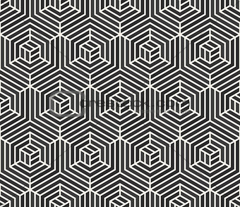 Vector Seamless Black and White Stripes Line Geometric Hexagonal Optical Illusion Pattern