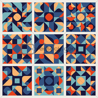 Set of Nine Vector Seamless Blue Orange White Color Retro Geometric Ethnic Square Quilt Pattern Collection