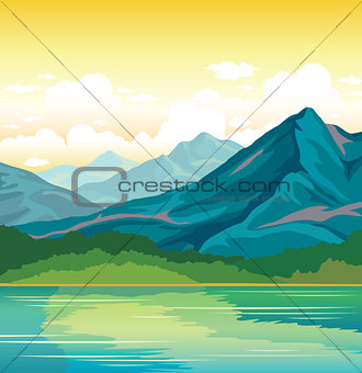 Summer landscape - mountains, forest, lake.
