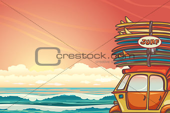 Auto rickshaw with surfboards and ocean. Surfing.