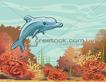 Cartoon dolphin and coral reef. Underwater vector.