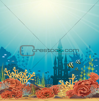 Silhouette of castle and coral reef. 