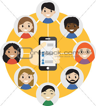 Hand holding a cell phone with  contacts of people concept. Choose person. Contact list, phonebook icon. Group  . Call  friend . Social Communication Network,   friends.Vector