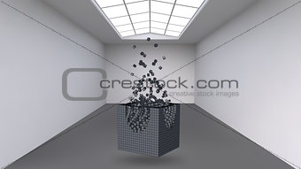 Hanging the cube from a multitude of small polygons in the large empty room. Exhibition space with abstract cubic shapes. The cube at the moment of explosion is divided into fine particles.