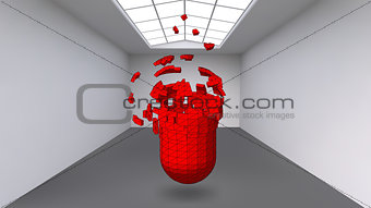 Hanging capsule of many small polygons in large empty room. The exhibition space is an abstract object, spherical shape. Capsule at the moment of explosion is divided into fine particles.