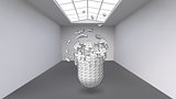 Hanging capsule of many small polygons in large empty room. The exhibition space is an abstract object, spherical shape. Capsule at the moment of explosion is divided into fine particles.