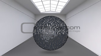 Hanging ball made of lots of smaller polygons in the large empty room. The exhibition space is the abstract object with a spherical shape.