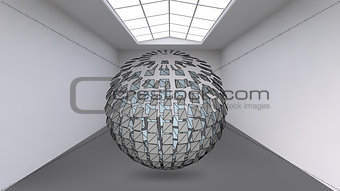 Hanging ball made of lots of smaller polygons in the large empty room. The exhibition space is the abstract object with a spherical shape.