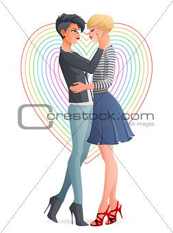 Cheerful beautiful lesbian couple. Vector illustration.