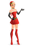 Young woman in red Christmas Santa costume presenting. Vector illustration.