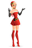 Woman in red Christmas Santa costume showa OK. Vector illustration.