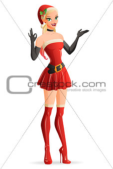 Woman in red Christmas Santa costume showa OK. Vector illustration.