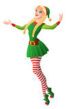 Pretty girl in green Christmas elf costume presenting and flying.