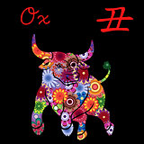 Chinese Zodiac Sign Ox with colorful flowers