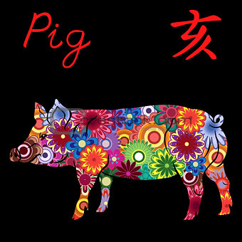 Chinese Zodiac Sign Pig with colorful flowers