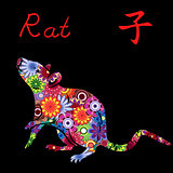 Chinese Zodiac Sign Rat with colorful flowers 