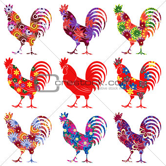 Set of nine colourful Roosters