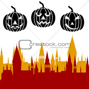 Halloween pumpkin and castle tower. Vector illustration