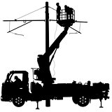 Electrician, making repairs at a power pole. Vector illustration
