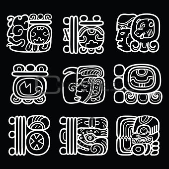 Maya glyphs, writing system and language vector design on black background